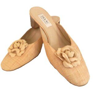 Vintage Isaac Mizrahi Neutral Straw Mule Heels Floral Accent Sz 10 ITALY